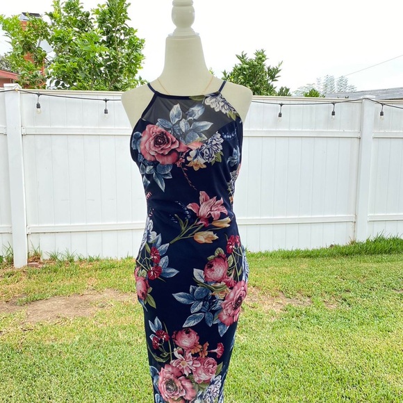 Blue backless midi bodycon sheer dress with flowers S XS - Picture 2 of 3